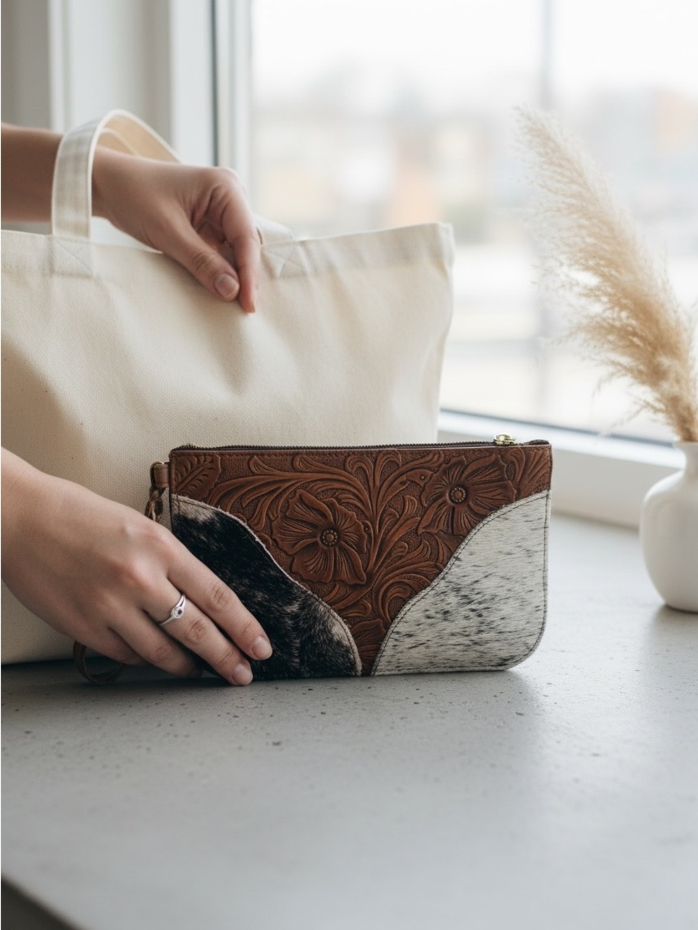 Artisanal Tooled Leather & Genuine Cowhide Hair-on-Hide Wristlet Clutch NWOT